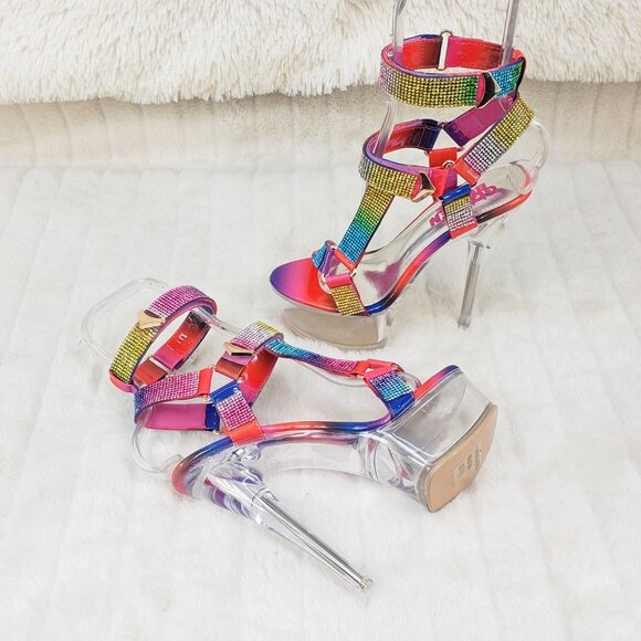 Bulls Rainbow Rhinestone Harness Strap Clear Platform Heels - Picture 15 of 17